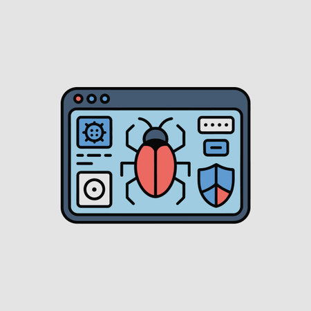 A flat style illustration depicts a computer screen displaying a red bug at its center.  The bug is outlined in black and has a dark grey head.  Surrounding the bug are various icons including a gear, a shield, and password dots. The screen is light blue with a dark grey border. The overall style is simple and clean. The color palette is limited to shades of red, blue, and grey.のイラスト素材