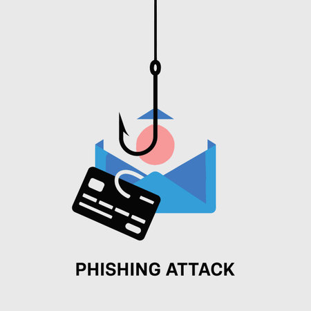 A stylized graphic depicts a phishing attack. A blue email envelope is shown with a black credit card hanging from a fishing hook.  The hook is black and descends from the top of the image. A small pink circle is visible within the email. The style is simple and flat, using bold colors against a light gray background. The words "PHISHING ATTACK" are displayed below the illustration.のイラスト素材