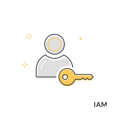 A simple vector illustration depicts a grey user icon alongside a gold key.  The style is minimalist and flat, using only a few colors. The user icon is light grey with a darker grey outline and a gold circle for the head. The key is a solid gold color with a black outline. Small yellow plus and starburst shapes are in the background. The abbreviation IAM is present at the bottom.のイラスト素材