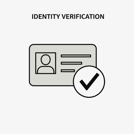 A simple line art icon depicting identity verification.  A light grey rectangular ID card with a small profile picture and lines for information is shown. A black checkmark inside a circle is positioned next to the card, indicating successful verification. The style is minimalist and uses only black lines and light grey fill. The overall mood is one of security and confirmation.のイラスト素材