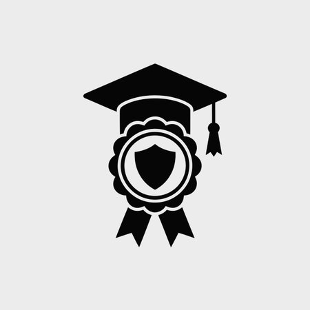 A simple black and white graphic depicts a graduation cap positioned above a circular medallion featuring a shield. The medallion has a ribbon. The style is minimalist and flat. The image is set against a plain white background. The overall mood is one of achievement and security.のイラスト素材