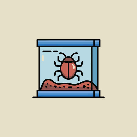 A simple illustration depicts a red bug inside a blue glass terrarium. The terrarium has a small amount of brown soil at the bottom. The style is minimalist and flat, with clean lines and solid colors. The background is a light beige. The image is suitable for use as an icon, symbol, or design element.のイラスト素材