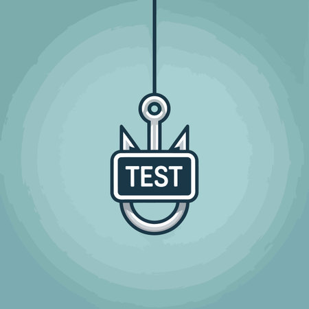 A simple illustration depicts a silver-colored fishing hook hanging from above against a teal background.  The hook has a rectangular label attached to it that reads "TEST" in dark blue text. The style is minimalist, using clean lines and flat colors. The background features a subtle circular gradient effect. The overall mood is straightforward and suggestive of testing or experimentation. The image is likely a vector graphic due to its sharp lines and clean appearance.のイラスト素材