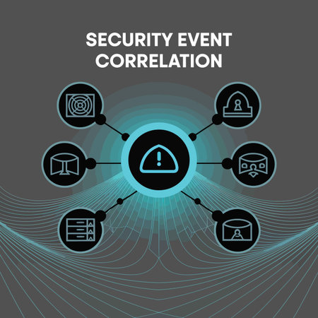 A dark gray background features a teal and black security event correlation diagram.  The central...