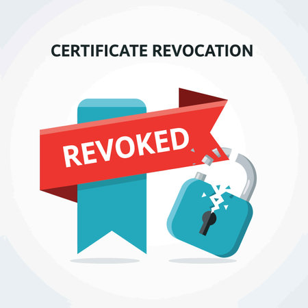 A flat design illustration depicts a red banner with the word REVOKED in white text. The banner is positioned above a broken teal padlock.  The padlock is shattered, with pieces flying off. The overall style is simple and graphic, using bold colors and clean lines. The background is a light gray. The image communicates the concept of certificate revocation in a clear and concise manner.のイラスト素材