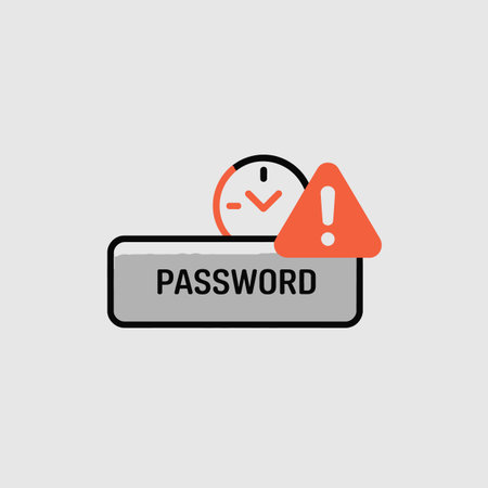 A simple vector illustration depicts a grey rectangular password field with a partially filled progress bar. Above it is a partially filled orange clock icon and an orange warning triangle with an exclamation mark. The color palette is minimal using shades of grey and orange. The style is flat and clean. The image communicates a sense of urgency regarding an expiring password.のイラスト素材