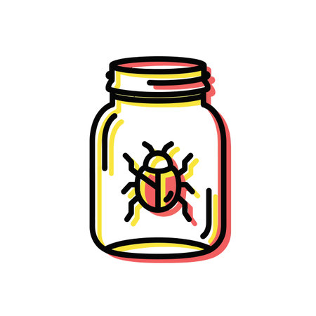A stylized line art illustration depicts a red ladybug inside a clear glass jar. The jar is outlined in bold black lines with a yellow highlight and a red shadow effect. The ladybug is also rendered in a simplified line art style with red and yellow accents. The overall style is minimalist and clean, suitable for various applications. The image is set against a white background.のイラスト素材