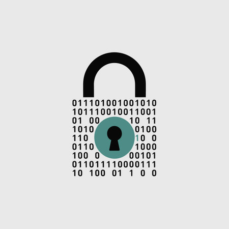 A graphic illustration depicts a stylized padlock formed from a matrix of teal and black binary code.  The padlock's keyhole is a distinct dark silhouette within a teal circle. The overall color palette is muted, with the teal and black providing a clear contrast against a light gray background. The style is minimalist and geometric.  The image conveys a sense of digital security and data protection.のイラスト素材