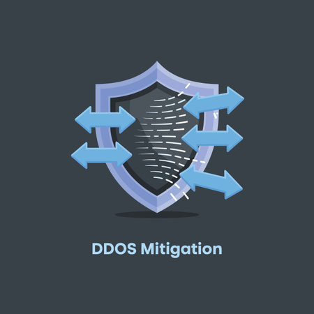 A digital illustration depicts a dark purple shield with a textured gray center.  Four light blue arrows, pointing both left and right, are directed at the shield, suggesting an attack being deflected. The shield is centrally positioned against a dark gray background. Below the graphic, the text "DDOS Mitigation" is displayed in a light gray sans-serif font. The style is simple and flat, using solid colors and minimal detail. The overall mood is one of security and protection.のイラスト素材