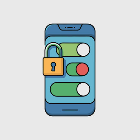 The image shows a stylized illustration of a smartphone screen displaying three toggle switches.  Two switches are green and white, one is green and red. A yellow padlock icon is positioned next to the switches. The smartphone is depicted in a flat design style with bold outlines and bright, solid colors. The overall style is clean and simple, suggesting a user-friendly app interface. The color palette is limited to blue, green, red, white, and yellow.のイラスト素材