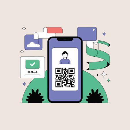 A flat design illustration depicts a smartphone displaying a digital ID with a QR code.  The phone is purple, and the background includes elements of green and teal.  Simple, stylized graphics represent data transfer and verification.  The overall style is minimalist and clean.  A small icon indicates an ID check has been completed. The illustration uses a limited color palette and bold outlines.のイラスト素材