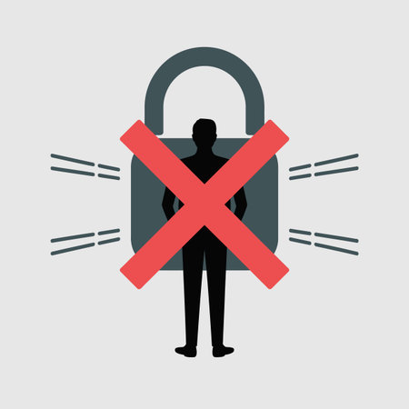 The image shows a dark grey padlock with a black male silhouette positioned behind it. A large red X is superimposed over both the padlock and the silhouette.  Four short grey lines radiate from either side of the padlock, suggesting movement or data flow. The style is simple and flat, using only a few solid colors. The overall mood is one of restriction or denial of access.  The composition is centered and symmetrical.のイラスト素材