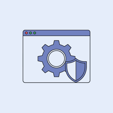 A simple graphic depicts a purple and blue website interface icon featuring a cogwheel and a shield. The cogwheel symbolizes settings or system configuration, while the shield represents security and protection. The color palette is muted and calming, with a flat design style. The image is clean and straightforward, suitable for illustrating concepts related to online security, data protection, or system settings.のイラスト素材