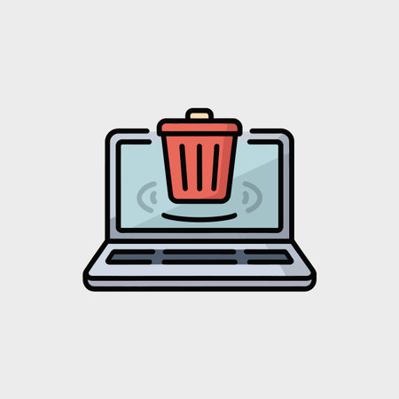 A simple illustration depicts a red trash can icon hovering above a gray laptop screen.  The laptop is light gray with a darker gray keyboard and a light blue screen. The trash can is a solid red with black outlines.  The style is flat and minimalist with clean lines and solid colors.  Small curved lines on the screen suggest a loading or deleting animation. The overall mood is straightforward and informative.のイラスト素材