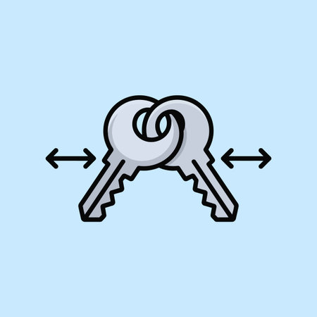 The image shows two silver keys linked together against a light blue background. The keys are depicted in a simple, flat style with black outlines.  A pair of horizontal arrows are positioned to the left of the keys, suggesting scalability or resizing. The overall style is minimalist and clean. The color palette is limited to silver, black, and light blue.のイラスト素材