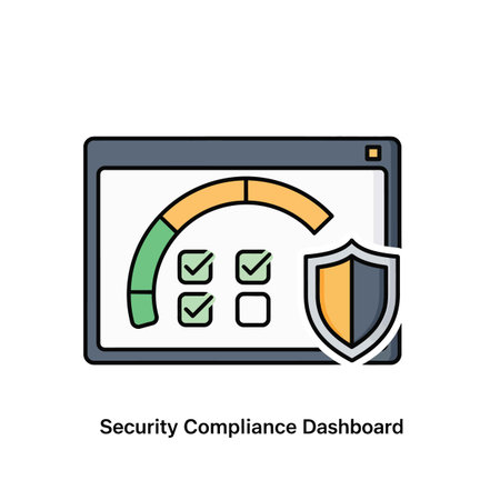 A vector illustration depicting a security compliance dashboard icon.  The icon shows a computer screen displaying a partially filled progress meter in shades of green and orange.  Below the meter are four checkboxes; three are checked with green checkmarks, one is unchecked. A gray and gold shield is positioned to the right of the screen. The overall style is flat and uses bold outlines. The color palette is limited to shades of green, orange, gray, and white.のイラスト素材