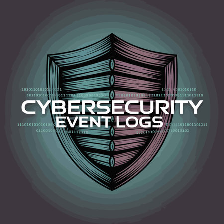 A stylized graphic depicting a shield in teal and rose tones. The shield is rendered in a woodblock style with visible lines and texture.  The colors are muted and slightly desaturated.  Binary code is subtly layered behind the shield, adding a digital element to the design. The words "CYBERSECURITY EVENT LOGS" are prominently displayed in a sans-serif font. The overall mood is serious and professional, suggesting themes of data protection and security. The background features concentric circles in a dark teal gradient.のイラスト素材