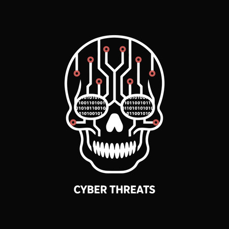 A stylized graphic depicts a white skull with a circuit board pattern overlaying the skull's brain and eye sockets.  Inside the eye sockets are strings of binary code in a muted reddish-brown color. The circuit board lines are white, and small red circles are at the junctions. The background is black. Below the skull graphic, the words "CYBER THREATS" are written in white. The style is minimalist and uses bold lines for a clear, impactful image.のイラスト素材