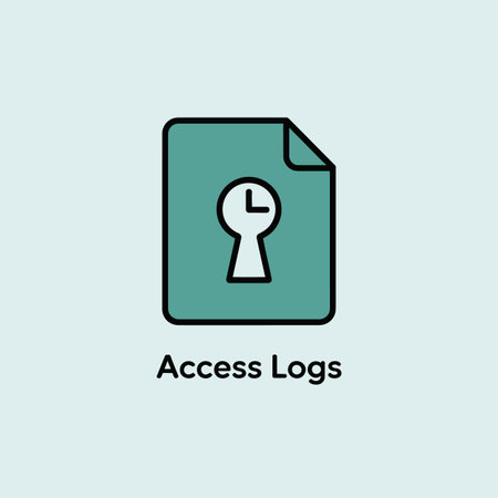 A simple vector illustration depicts a teal document icon with a black outline.  Centered within the document is a white keyhole shape containing a small black clock. Below the icon, the text "Access Logs" is displayed in a sans-serif font. The background is a light blue-gray. The style is minimalist and flat.のイラスト素材