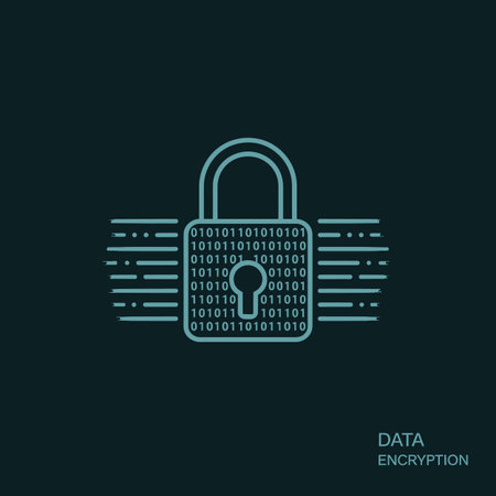 A stylized teal padlock is centrally positioned against a dark background.  The padlock is outlined and filled with a repeating pattern of binary code (01).  Horizontal lines of additional binary code extend to either side of the padlock, suggesting data flow or encryption. The overall style is minimalist and graphic, with a clean, modern aesthetic.  The color palette is limited to shades of teal and dark blue-green.  The text "DATA ENCRYPTION" appears below the graphic.のイラスト素材