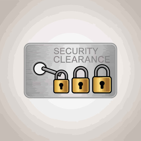 A digital illustration depicts a silver metallic tag with the words SECURITY CLEARANCE.  A key is shown unlocking three progressively larger gold padlocks. The padlocks have a simple design with a keyhole and are outlined in dark gray. The background is a light gray gradient. The overall style is clean and minimalist. The image conveys a sense of security and access granted.のイラスト素材