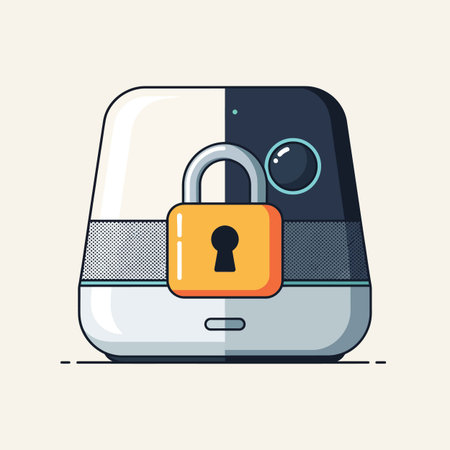 An illustration depicts a smart home device resembling a security camera with a yellow padlock superimposed on its front. The device is primarily white and dark grey with teal accents.  The style is flat vector illustration with clean lines and bold colors. The padlock is centrally positioned and suggests the concept of data security and privacy for the smart home device. The background is a plain off-white.のイラスト素材