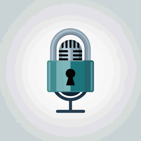 A stylized illustration depicts a retro microphone encased within a teal padlock. The microphone is rendered in shades of gray and silver, while the padlock is a solid teal.  The background is a soft, light gray with concentric circles radiating outwards. The style is simple and flat, with clean lines and solid colors. The overall mood is one of security and data protection.のイラスト素材