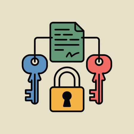This illustration depicts a yellow padlock secured by two keys one blue and one red connected to a green document with a signature. The style is simple and flat with bold outlines and solid colors. The image conveys a sense of security and protection related to a signed document or agreement. The color palette is muted and includes shades of teal, blue, red, orange, and yellow against a light beige background.のイラスト素材