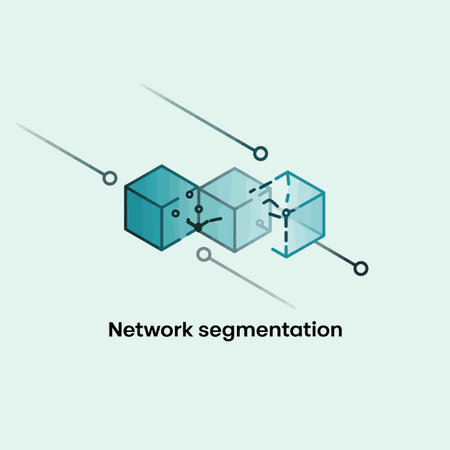 An abstract illustration depicting network segmentation. Three teal-colored isometric cubes are connected by thin lines and nodes. One cube is partially transparent, suggesting a separation or division within the network. The color palette is primarily teal and light blue, creating a calm and professional mood. The style is minimalist and modern, suitable for presentations or reports related to technology and data security. The image uses a clean, geometric design with a focus on clarity and simplicity.のイラスト素材