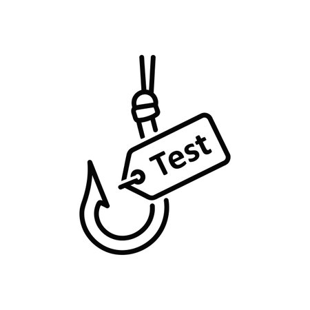 The image is a simple black and white line art illustration depicting a fishing hook with a rectangular tag attached. The tag clearly displays the word "Test". The style is minimalist and uses bold black lines against a white background. The hook is depicted in a classic style, and the tag hangs from the hook's eye.  The overall mood is straightforward and informative.のイラスト素材