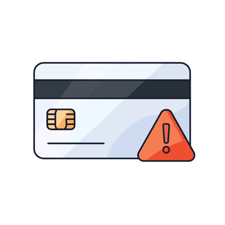 A flat design illustration depicts a light gray credit card with a dark gray stripe and a gold chip.  Next to the card is a red triangle warning sign containing a black exclamation mark. The style is simple and clean with bold outlines. The colors are primarily light gray, dark gray, gold, red, and black. The overall mood is one of caution and warning regarding financial security.のイラスト素材