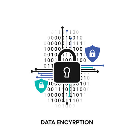 A black padlock is centrally positioned against a background of binary code in shades of gray, blue, and teal.  Thin lines connect the padlock to the binary code, suggesting a network connection. Two small shield icons, one teal and one blue, flank the padlock, further emphasizing security. The text "DATA ENCRYPTION" is displayed below the central graphic. The overall style is clean, simple, and graphically oriented.のイラスト素材