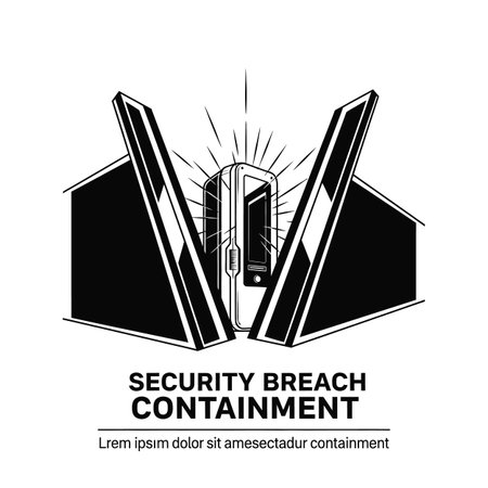 The image is a stylized black and white graphic depicting a rectangular device, resembling a phone or data storage unit, contained within a V-shaped structure formed by two large black panels.  The device is centrally positioned and features a screen.  A starburst effect emanates from behind the device.  Below the graphic, the text "SECURITY BREACH CONTAINMENT" is prominently displayed in bold uppercase letters.  The style is minimalist and bold, using strong contrasts between black and white. The overall mood is serious and cautionary.のイラスト素材