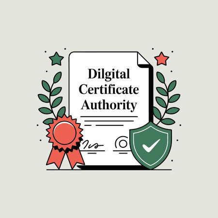A vector illustration depicting a digital certificate authority document.  The document is white with black text reading "Digital Certificate Authority".  A red seal with a red ribbon is positioned to the left, and a green shield with a checkmark is to the right.  Green leaf sprigs flank the document, and small red and green stars are in the upper corners. The style is flat and minimalist with clean lines and bold colors. The overall mood is one of security and trust.のイラスト素材