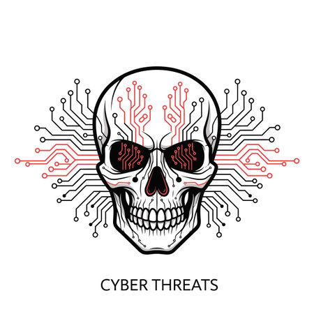 A detailed illustration depicts a human skull with red eyes.  The skull is overlaid with a circuit board pattern in black and red lines.  The circuit board design extends outward from the skull, creating a radiating effect. The style is graphic and vector-like, with sharp lines and solid colors. The overall mood is one of warning and danger, suggesting themes of cyber security threats. The background is pure white.のイラスト素材