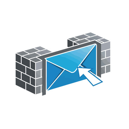 The image depicts a stylized blue email envelope passing through a gray brick wall. A white cursor points towards the envelope. The style is simple and graphic, using flat colors and clean lines. The overall mood is one of secure communication or data transmission. The colors are muted and professional, suitable for use in presentations or reports related to online security or email marketing. The image is a vector graphic.のイラスト素材