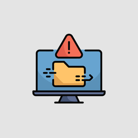 A flat design illustration depicts a computer screen displaying a yellow folder with an outgoing arrow indicating a file transfer.  A red warning triangle with an exclamation mark floats above the folder. The screen is blue with black outlines. The overall style is simple and clean, using bold outlines and solid colors. The image conveys a message of a file transfer error or warning.のイラスト素材