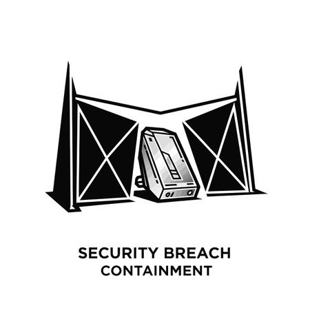 The image is a stylized black and white graphic depicting a security breach containment scenario. A grayscale rectangular device is shown inside a black geometric structure formed by triangular panels. The overall style is minimalist and symbolic, using strong geometric shapes to convey the concept of security and containment. The text "SECURITY BREACH CONTAINMENT" is displayed below the graphic.のイラスト素材