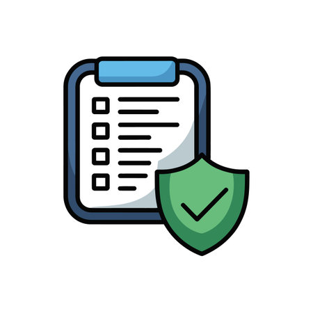 The image shows a stylized illustration of a clipboard with a checklist and a green shield with a checkmark. The clipboard is dark blue with light blue header and contains several checkboxes and lines of text. The shield is bright green with a dark green outline and a prominent checkmark. The style is simple, flat, and clean.  The colors are predominantly blue and green against a white background. The overall mood is one of security, safety, and completion.のイラスト素材