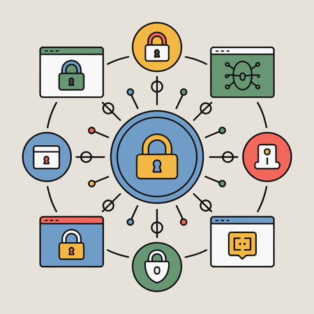 A stylized graphic depicts a central blue circle containing a yellow padlock icon, surrounded by smaller circles and rectangular browser windows, each featuring various security-related symbols.  The style is flat design with clean lines and a limited color palette including blue, yellow, green, and red.  Connecting lines and small colored dots visually represent the network connections.  The overall mood is informative and technical, suitable for illustrating concepts related to cybersecurity and data protection.のイラスト素材