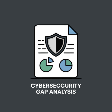 A vector illustration depicts a white document featuring a black and gray shield icon positioned centrally.  Two pie charts, one teal and one light green, are situated below the shield.  The document has thin black lines suggesting data or text. The background is dark gray.  The text "Cybersecurity Gap Analysis" is displayed below the document. The overall style is clean and simple, using flat vector design.のイラスト素材