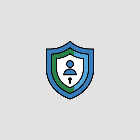 A vector graphic depicting a stylized shield icon. The shield is layered with blue and green segments, and features a white inner section with a simple user icon and a keyhole symbol. The overall style is flat and minimalist, suitable for use in digital contexts related to security, privacy, or data protection. The color palette is cool and reassuring.のイラスト素材