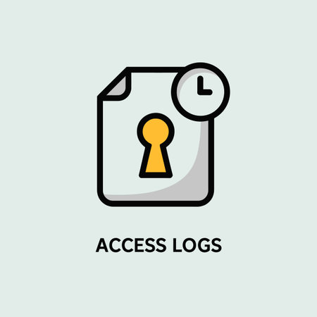 A simple vector icon depicting a gray document with a yellow keyhole and a small clock icon.  The style is flat and minimal with bold black outlines. The color palette is limited to gray, yellow, and black against a light gray background. The icon is clearly labeled "ACCESS LOGS" below. The overall mood is straightforward and informative.のイラスト素材