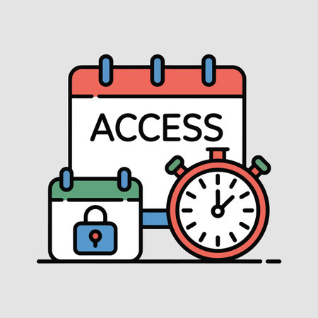 A digital illustration depicts a red calendar with the word ACCESS, a green calendar with a blue padlock, and a red stopwatch.  The style is flat and simple with bold outlines and solid colors. The overall mood is one of controlled access and time management. The image is clean and easily understandable.のイラスト素材
