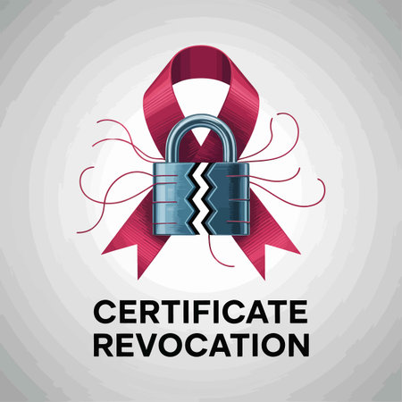 A digital illustration depicts a broken metallic padlock encircled by a crimson ribbon. The padlock is centrally positioned, its metallic surface showing a cracked zig-zag pattern.  The ribbon is a deep crimson red, with thin, stylized tendrils extending from its ends. The background is a subtle gradient of light gray, creating a soft, understated backdrop. The words "CERTIFICATE REVOCATION" are displayed in bold, black sans-serif lettering below the central image. The overall style is clean and graphic, conveying a sense of seriousness and warning.のイラスト素材