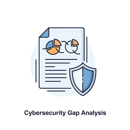 A stylized line art illustration depicts a document featuring pie charts and text alongside a protective shield.  The color palette is primarily light blue, white, and orange. The style is clean and simple, suitable for presentations or reports on cybersecurity. The image conveys a sense of data analysis and security measures.  The document suggests a report or analysis, while the shield symbolizes protection.のイラスト素材