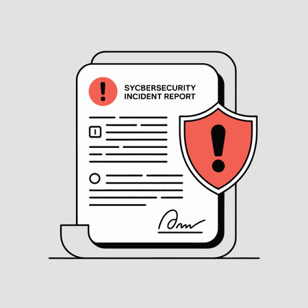 The image shows a stylized illustration of a cybersecurity incident report. The document is white with black outlines, featuring a red circle with an exclamation mark and a red shield with a black exclamation mark. The report includes checkboxes and a signature. The style is minimalist and flat, using bold outlines and solid colors. The overall mood is one of alert and caution.のイラスト素材