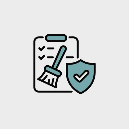 A vector illustration shows a checklist icon with a cleaning brush and a teal security shield with a check mark. The style is simple and flat with black outlines and teal accents.  The checklist has three check marks indicating completion. The brush is positioned diagonally across the checklist. The shield is to the right of the checklist, suggesting a secure and verified cleaning process. The overall mood is one of cleanliness, security, and efficiency.のイラスト素材