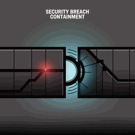 An abstract graphic depicts a security breach containment system. The color palette is predominantly dark grey and teal, with accents of red.  The design features geometric shapes, including lines, circles, and rectangular panels, creating a sense of technological complexity. A red light indicates a breach point, while the teal section suggests a containment mechanism. The overall style is futuristic and abstract, suitable for illustrating concepts related to cybersecurity or data protection.のイラスト素材