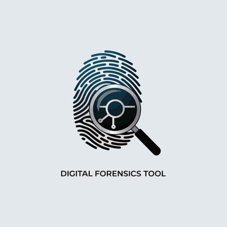 A stylized graphic depicts a black fingerprint with a silver magnifying glass positioned over a section of it. The magnifying glass reveals a small, light grey circuit-like symbol. The overall color scheme is dark blue, black, and silver against a light grey background. The style is minimalist and symbolic, suitable for representing digital forensics or data security concepts. The image is clean and easily scalable for various applications.のイラスト素材